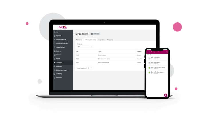 Interface de gestion de flotte Mactoo affichant un rapport d'inspection de véhicule sur laptop et smartphone.